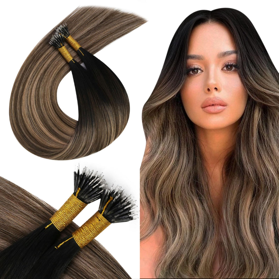 Ugeat Nano Tip Hair Extensions Human Hair Black Balayage Nano Link Hair Extensions Natural Black to Dark Brown Mix Caramel Blonde Balayage Nano Bead Hair Extensions for Women 14inch 50G 50S