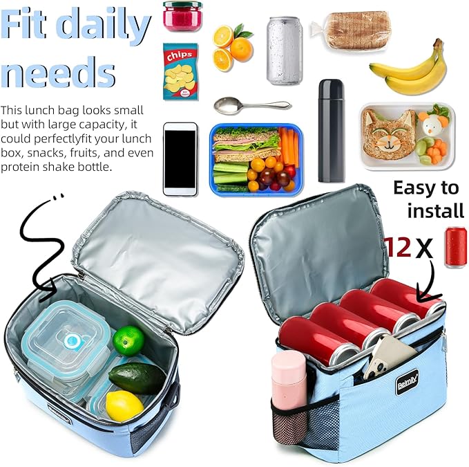 BEIMILY Lunch Box for Men/Women,Small Insulated Lunch Bag,Reusable LunchBox for work Picnic Hiking Beach,Leakproof Soft Cooler Tote Bag Organizer with Adjustable Shoulder Strap for Adults (Sky Blue)