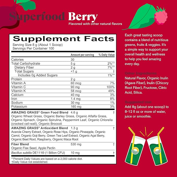Amazing Grass Greens Blend Superfood: Super Greens Powder with Spirulina, Chlorella, Beet Root Powder, Digestive Enzymes, Prebiotics & Probiotics, Berry, 100 Servings (Packaging May Vary)