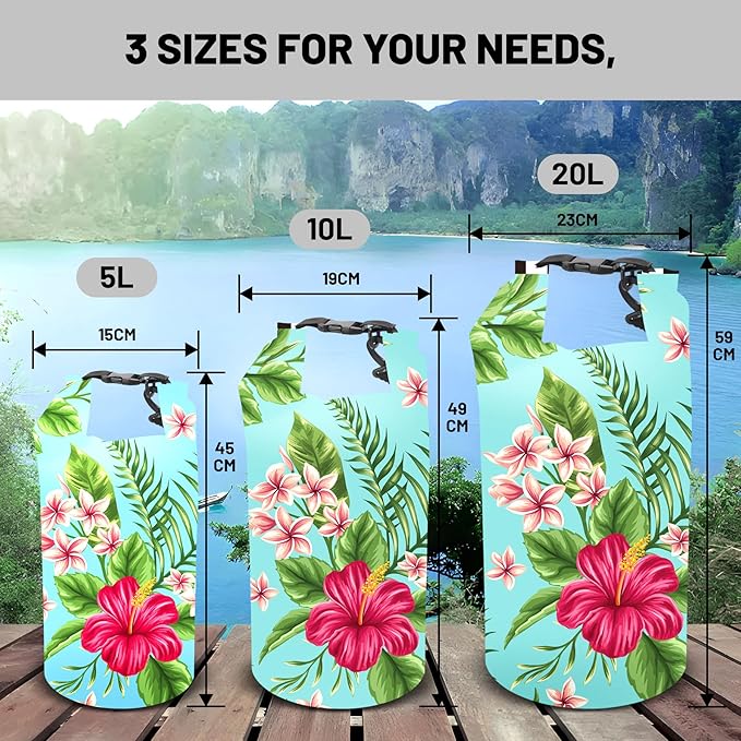 Waterproof Dry Bag,Roll Top Tropical Summer Watercolor Hibiscus Waterproof Backpack 5L/10L/20L Floating and Lightweight Bags for Kayaking, Boating, Swimming and Camping with Waterproof Phone Case
