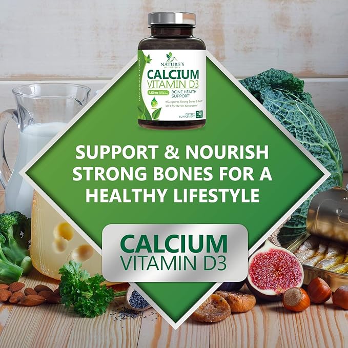 Calcium Supplement with Vitamin D - 1200 mg Calcium Carbonate with 1600 IU of D3 Vitamins - Supports Bone Strength, Teeth & Immune System - Natural & Easily Absorbable for Women & Men - 180 Tablets