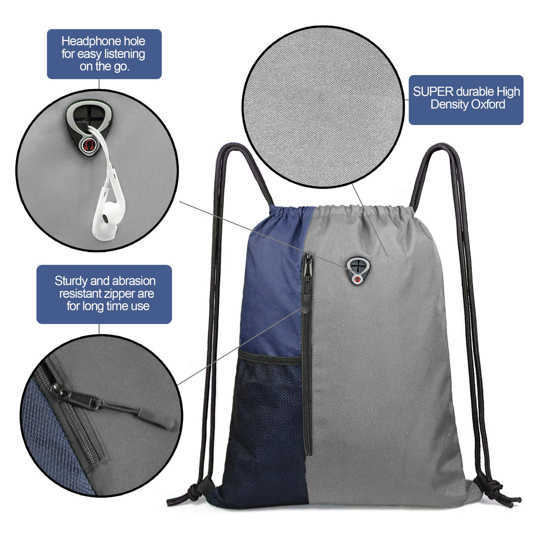 BeeGreen Grey Drawstring Backpack Sports Gym Bag For Women Men Large Draw String Bags Pack With Zipper and Water Bottle Mesh Pockets Workout Bag