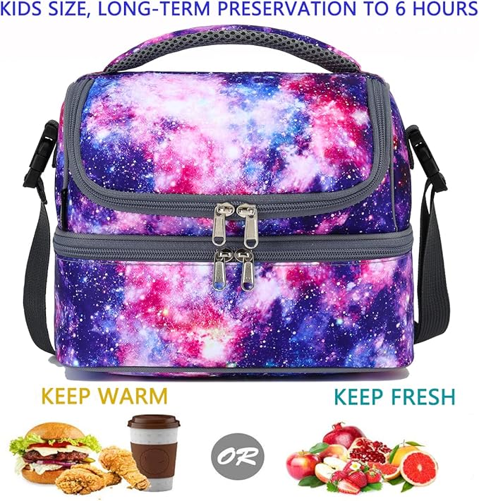 FlowFly Double Decker Cooler Insulated Lunch Bag Large Tote for Boys, Girls, Men, Women, With Adjustable Strap,Galaxy