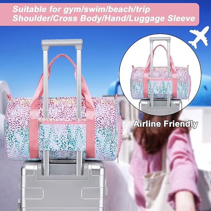 Gym Bag Sports Duffle Bag with Wet Pocket Weekender Overnight Bag with Waterproof Shoe Pouch and Air Hole for Girls Kids Women Travel Foldable Bag