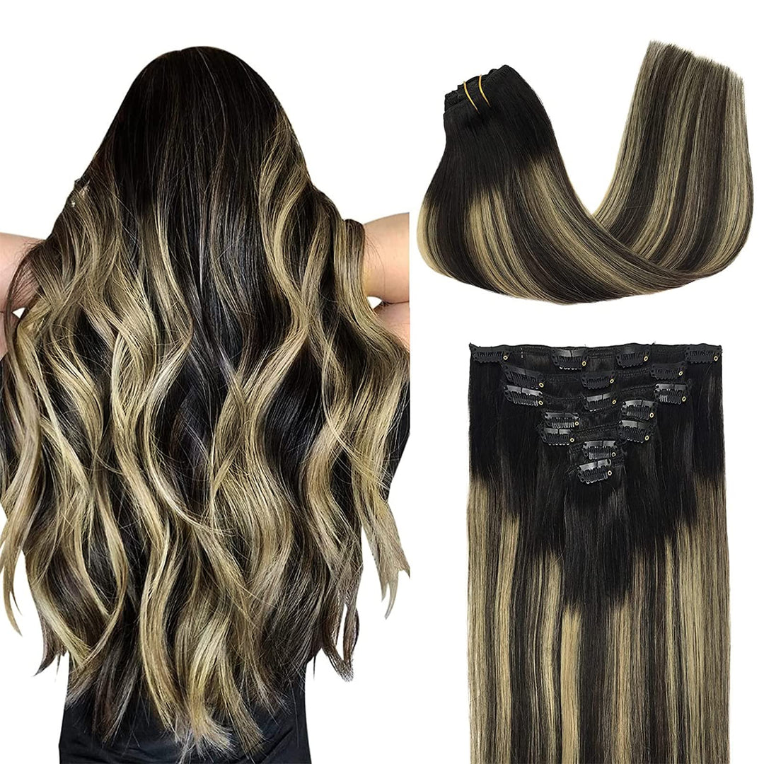 Doores Hair Extensions Clip In Human Hair Balayage Natural Black To Light Blonde 120G 7Pcs 16 Inch Remy Clip In Human Hair Exten
