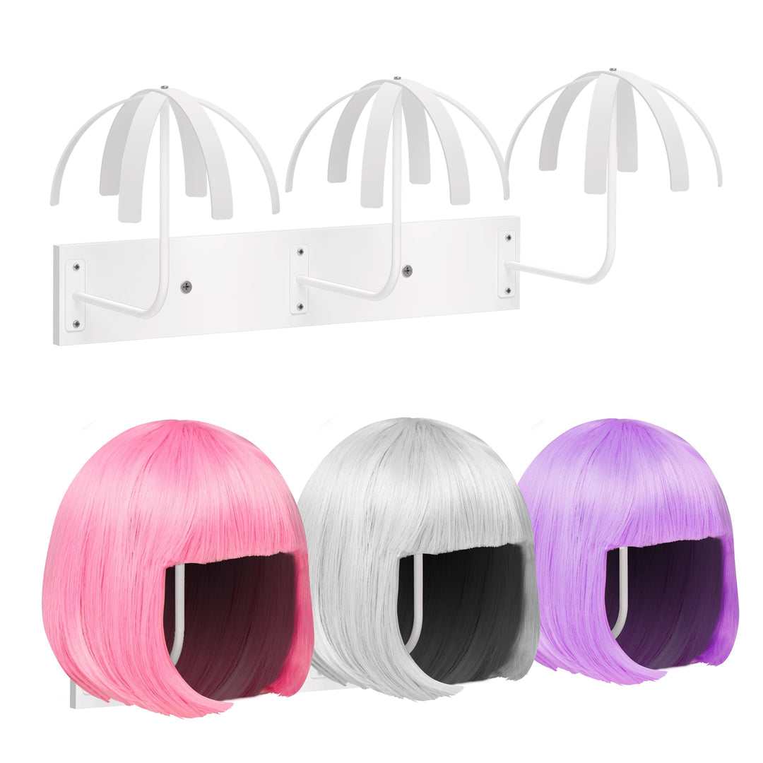 Yumkfoi Hanging Wig Stand for Multiple Wigs, 6 PCS Wall Mounted Wig Hanger Holder, Sturdy Wig Storage Organizer Rack for Display, Storage, Styling, Drying (Carbon Steel and Wood)