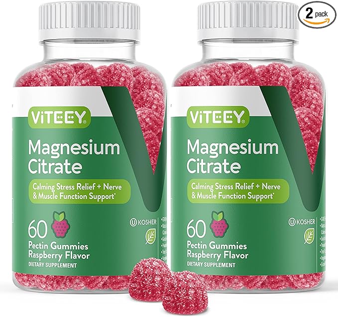 Magnesium Citrate Gummies for Adults & Teens - 66mg, Supports Calm Mood, Optimal Relaxation, Muscle Function - Vegetarian, Gelatin Free, GMO Free - Tasty Chewable Raspberry Flavored Gummy