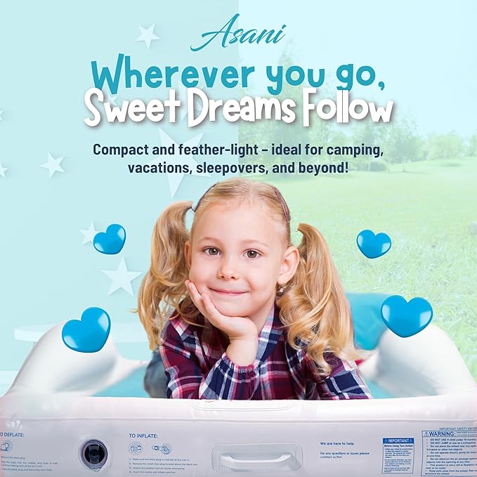 Asani Inflatable Toddler Travel Bed, Electric Pump, Leakproof Air Mattress, Bumpers, Carry Case, Pillow - Fits Kids Up to 4ft - Blue | Portable, Foldable, Ideal for Camping & Sleepovers