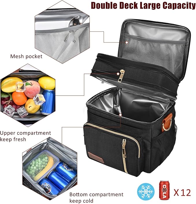 MIYCOO Lunch Bag & Lunch Box for Women Men Double Deck - Leakproof Insulated Soft Large Adult Lunch Cooler Bag for Work Black Orange