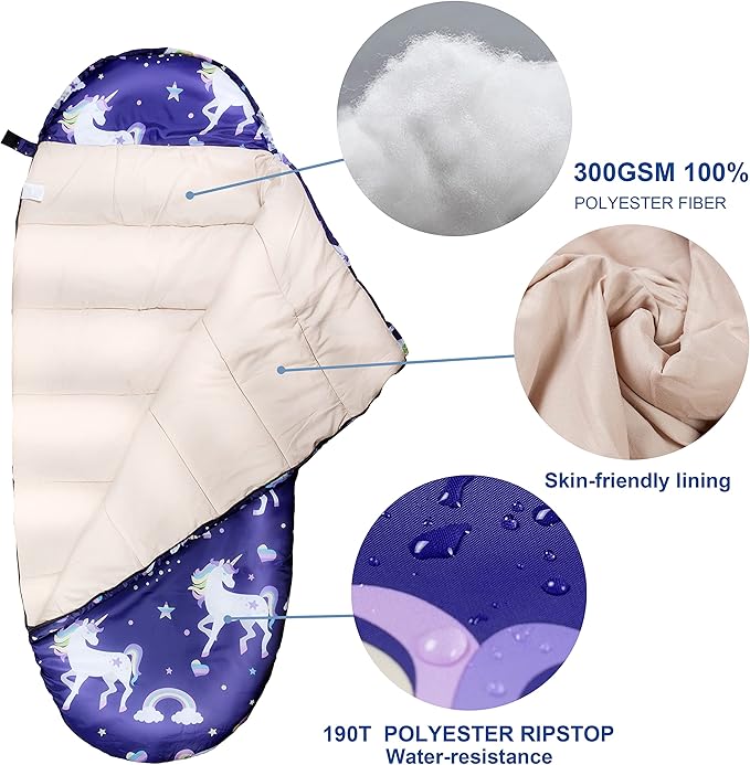 Kids Sleeping Bags for Girls – Unicorn Rainbow Star – Rioyalo YOLO 45 Camping Sleeping Bags for Kids with Carry Bag - Outdoor and Indoor (Unicorn-PL)