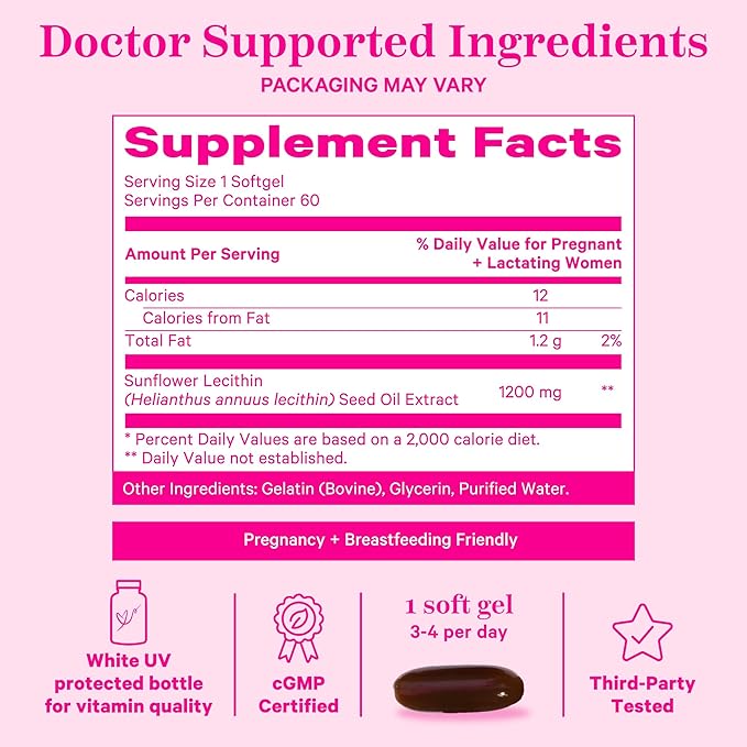 Pink Stork Sunflower Lecithin Supplement - 1200 mg for Clogged Milk Ducts - Breastfeeding Essentials for Postpartum Moms - Supports Breast Milk Flow - 60 Softgels