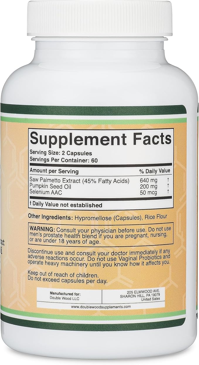 Prostate Support Supplement for Men's Health (120 Capsules) One Serving per Day for 30 Days Supports Prostate Function and Urinary Control (Saw Palmetto, Pumpkin Seed Oil, Selenium) by Double Wood
