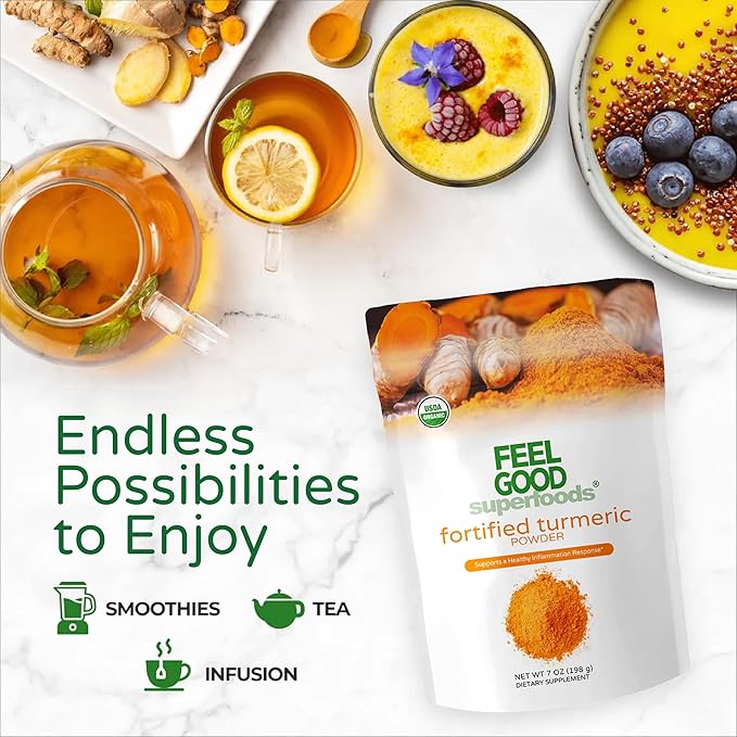 Feelgood Organic Superfoods Fortified Turmeric Powder with Curcumin and Black Pepper, 95% Curcuminoids, Vegan, Gluten Free, Non-GMO, Pure Ground Turmeric Root from India, 7 oz