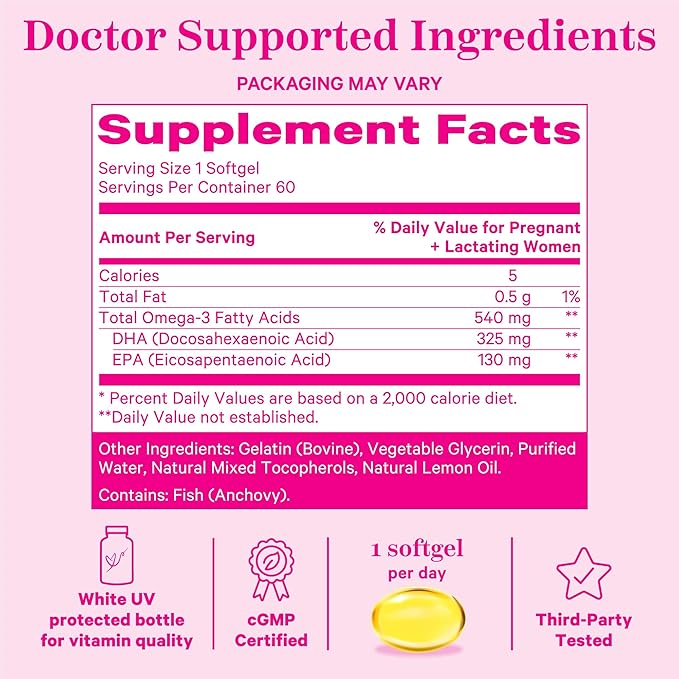 Pink Stork Omega-3 DHA - 540 mg Fish Oil Supplements with DHA and EPA, Prenatal and Postpartum Essentials for Cognitive Health + Fetal Development - 60 Softgels - Packaging May Vary