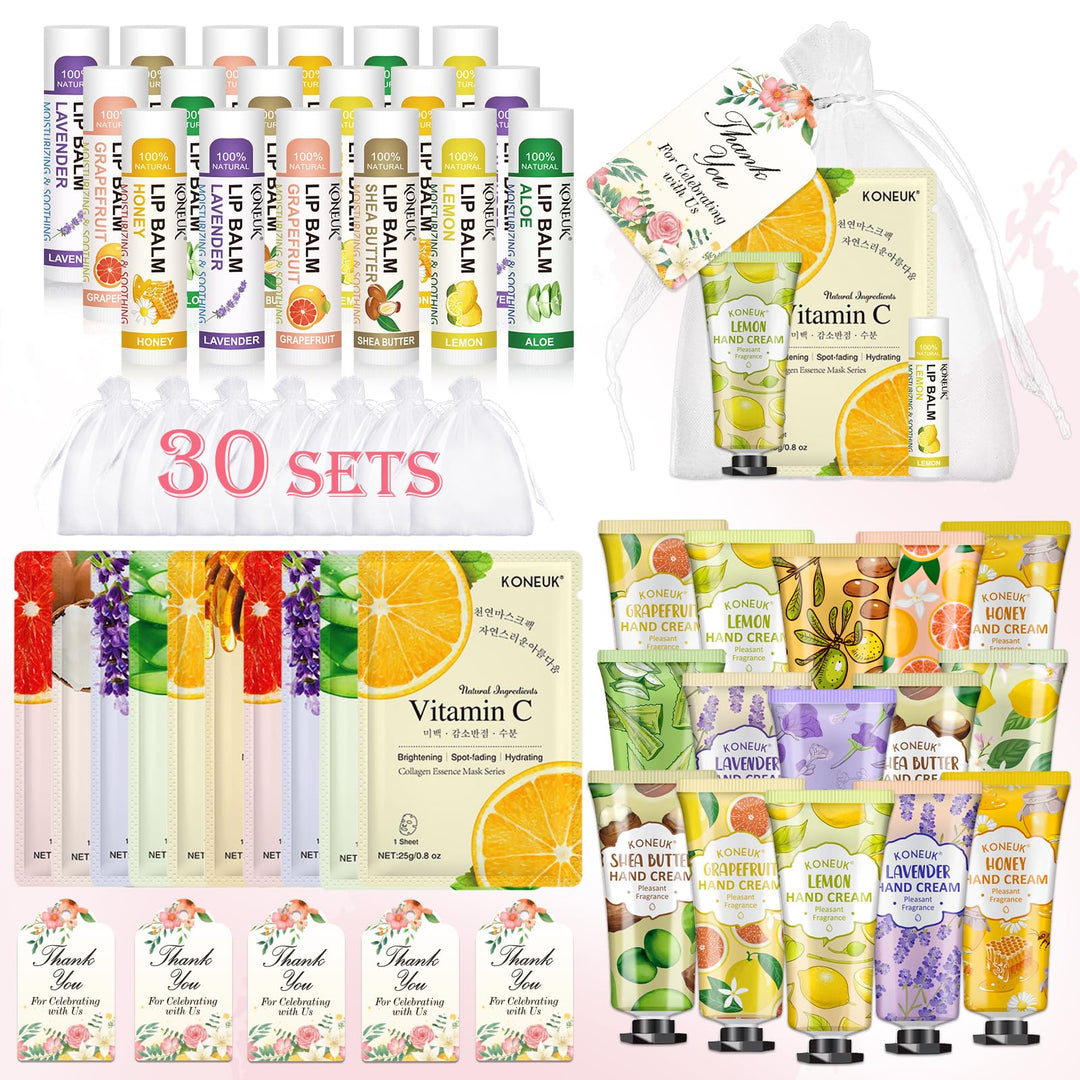 KONEUK 30 Pack Bulk Facial Mask, Bulk Hand Cream and Bulk Lip Balm Sets, Easter Basket Stuffers, Bridal Shower Favors and Baby Shower Party Favors for Guests, Thank You Gifts for Coworkers Women