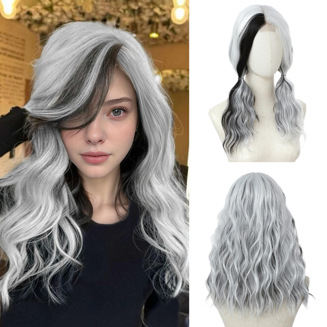 BUPPLER Black and White Wig 18 Inch Medium Length Wigs for Women Middle Part Synthetic Hair Wavy Wig with Upgraded Strands,Natural Hair Wigs for Daily Party/Halloween Use 18Inch,Black and White