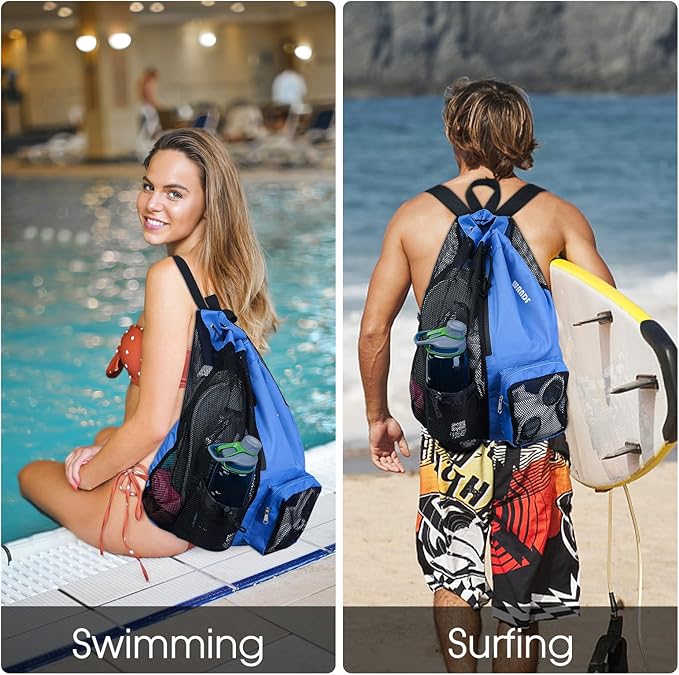 WANDF Swim Bag Mesh Drawstring Backpack with Wet Pocket for Swimming, Gym, and Workout Gear