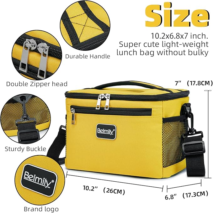 BEIMILY Lunch Box for Men/Women,Small Insulated Lunch Bag Tote,Small Lunch Bag for Work,Adult Lunch Box,Reusable Leakproof Soft Cooler Bag with Adjustable Shoulder Strap (Yellow)