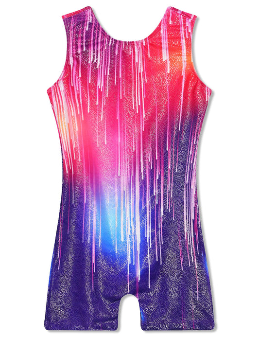 TENVDA Girls Gymnastics Leotards Size 5-6 Years Old Sparkly Neon Line Print Biketard with Shorts Workout Kids Unitards