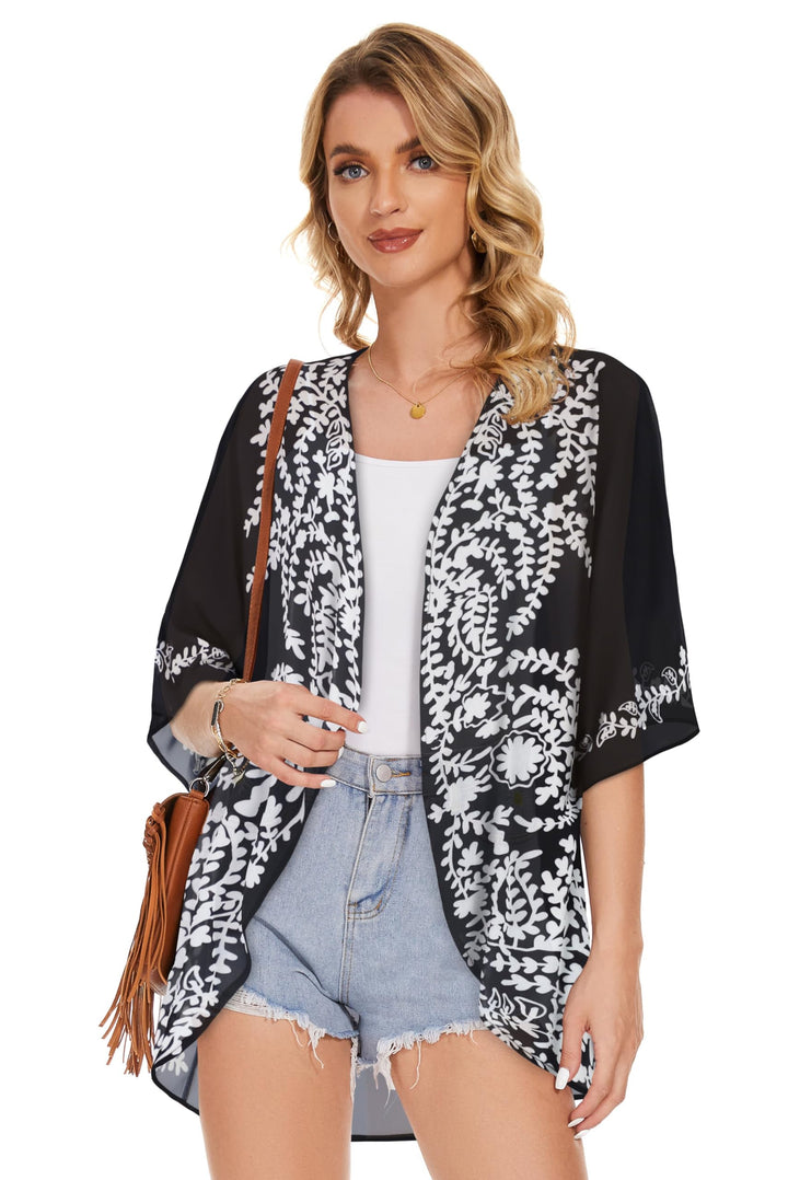 Womens Floral Kimono Cardigans Beach Cover Tops Loose Puff Sleeve Casual Blouse (C Black Flower, S)