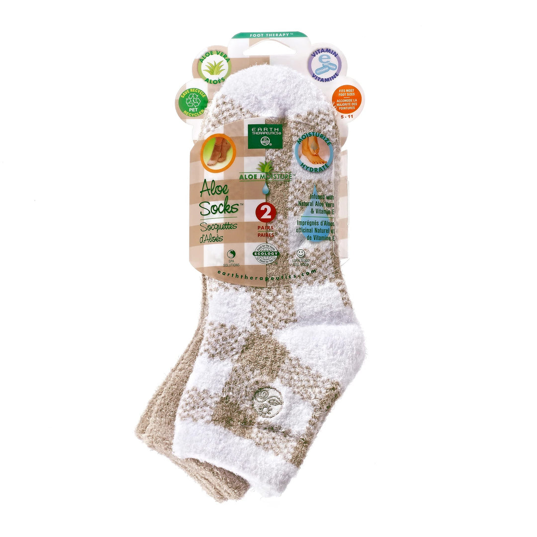 Earth Therapeutics Aloe Vera Socks – Infused with Natural Aloe Vera & Vitamin E – Helps Dry Feet, Cracked Heels, Calluses, Dead Skin – Use with Your Favorite Lotions – Tan Plaid (2 Pairs)