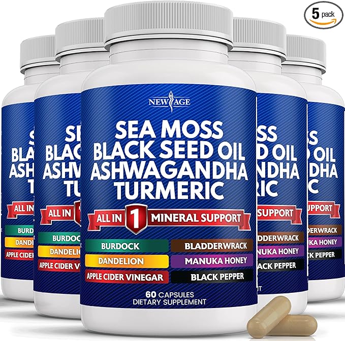 NEW AGE Sea Moss Black Seed Oil Ashwagandha Turmeric Bladderwrack Burdock - with Manuka, Honey Dandelion, ACV Black Pepper Gluten Free
