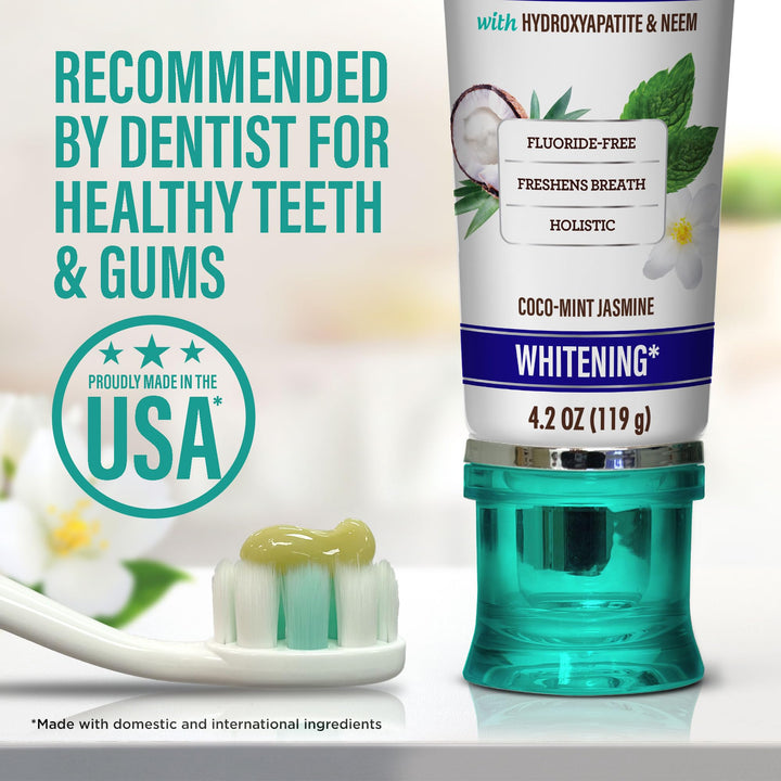 GuruNanda Hydroxyapatite Toothpaste, SLS & Fluoride Free, Whitening Toothpaste - Freshens Breath, Fights Plaque - Natural CocoMint Jasmine Neem, 4.2oz