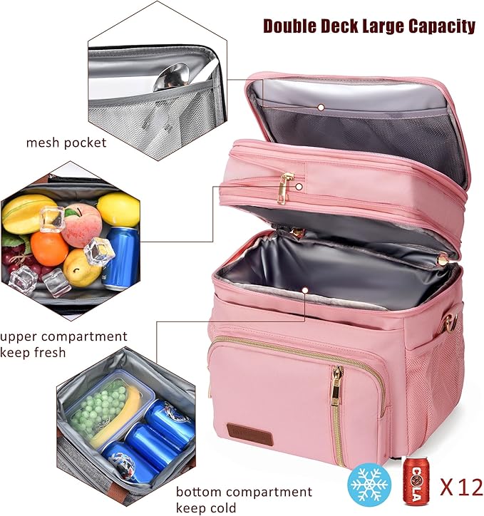 MIYCOO Lunch Bag & Lunch Box for Women Men Double Deck - Leakproof Insulated Soft Large Lunch Cooler Bag, Pink,15L
