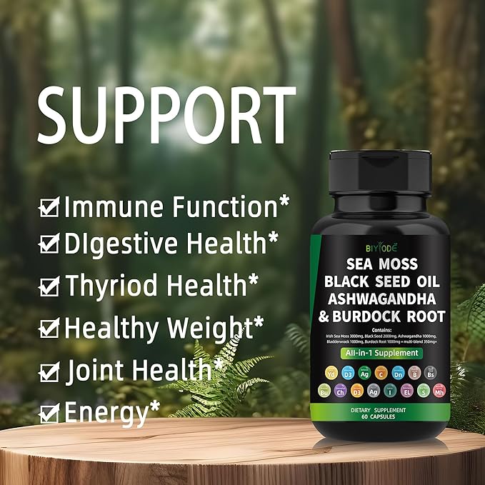 Sea Moss Capsules: Sea Moss Black Seed Ashwagandha Bladderwrack Burdock Root Multi-Blend Vitamin D3 C Vitamin 60 Capsules 30 Day Supply