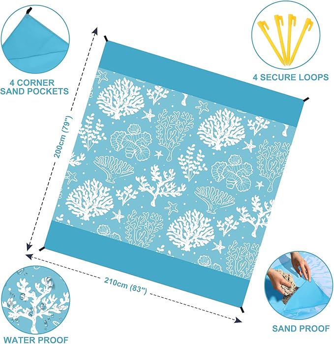 Beach Blanket Sandproof Extra Large Beach Mat Adults Waterproof Quick Drying Sand Free Mat Made by Premium Polyester with 4 Stakes & 4 Corner Pockets for Outdoor Travel Camping Hiking
