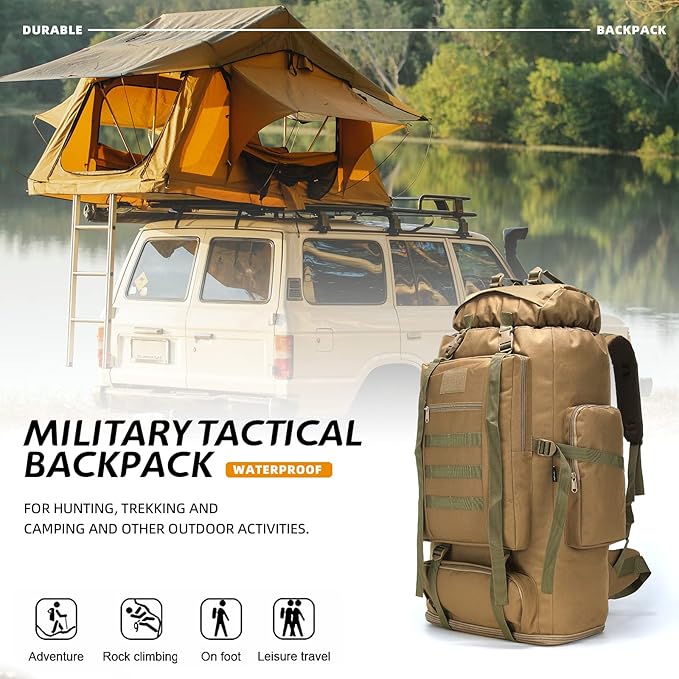 70L/100L Hiking Camping Backpack MOLLE Rucksack Waterproof Daypack for Traveling (Khaki)