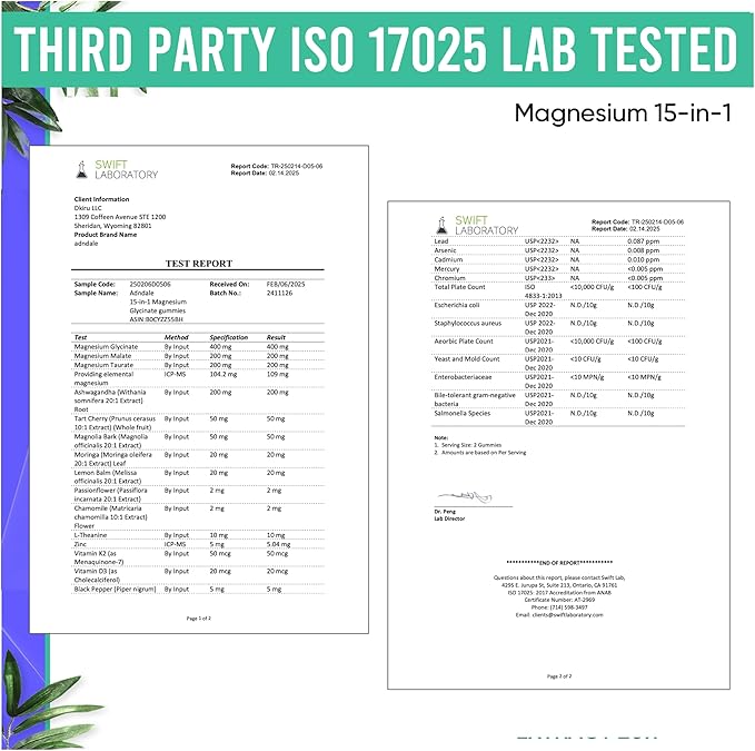 90ct 15-in-1 Magnesium Glycinate Gummies 400 mg/serv- with Magnesium Malate, Ashwagandha, Tart Cherry, Magnolia Bark, Lemon Balm, Passionflower, Chamomile, L-Theanine, Zinc, Vitamin K2 & D3