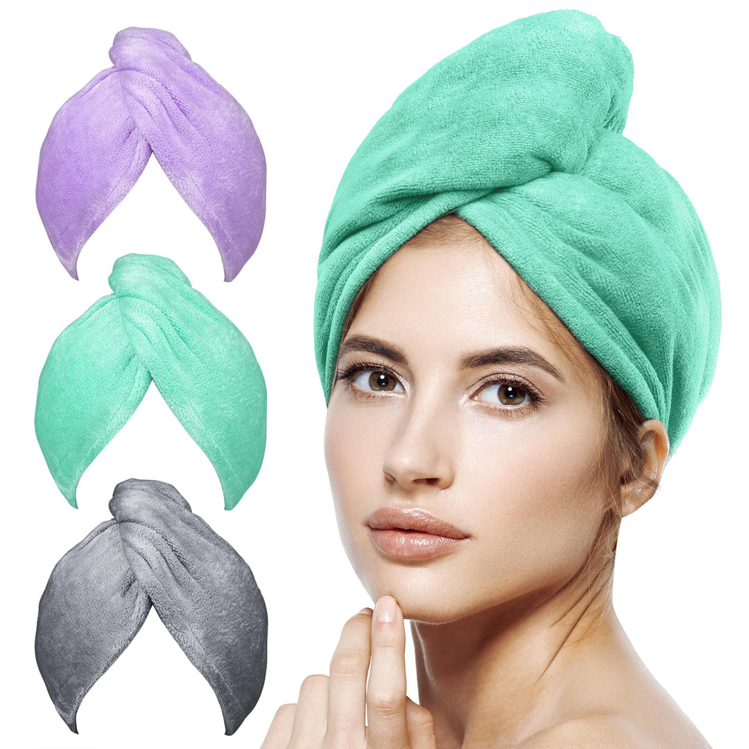 POPCHOSE Microfiber Hair Towel Wrap, 3 Packs Fast Drying Hair Turbans, Super Absorbent Hair Towel for Women, Anti Frizz Hair Wrap Towels