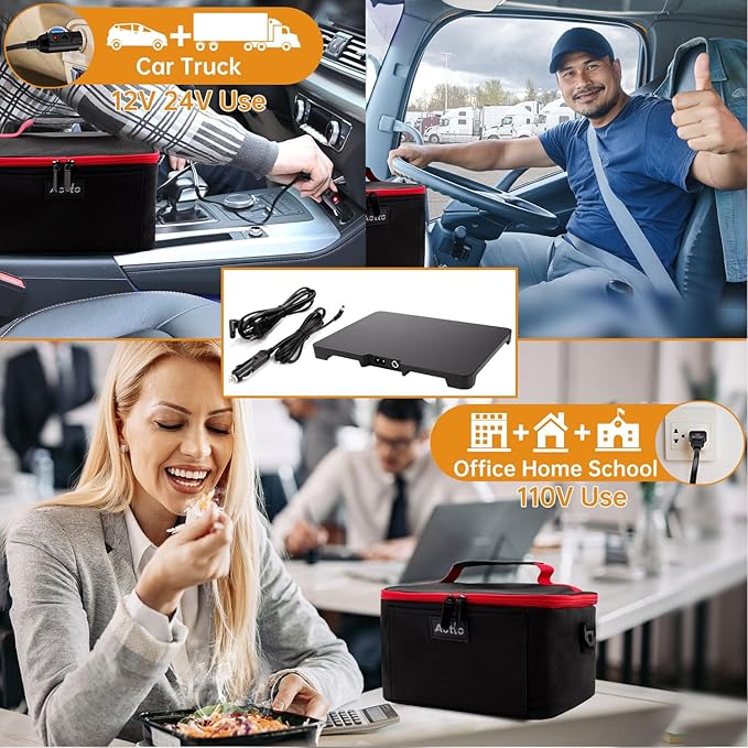 Aotto Portable Oven, Electric Lunch Box Food Heater - 12V/24V/110V 3-in-1 Car Food Warmer - Heated Lunch Box for Adults - Cook, Reheat & Keep Meals Warm for Car, Truck, Travel, Work, Home - Black Red