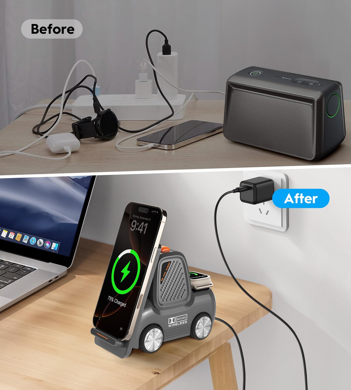 Forklift Wireless Charging Station with Bluetooth Speaker, 4 in 1 Wireless Fast Charger Multiple Devices, Compatible with iPhone16 15 14 13 Pro Max Series, Apple iWatch, Airpods, Android Phones