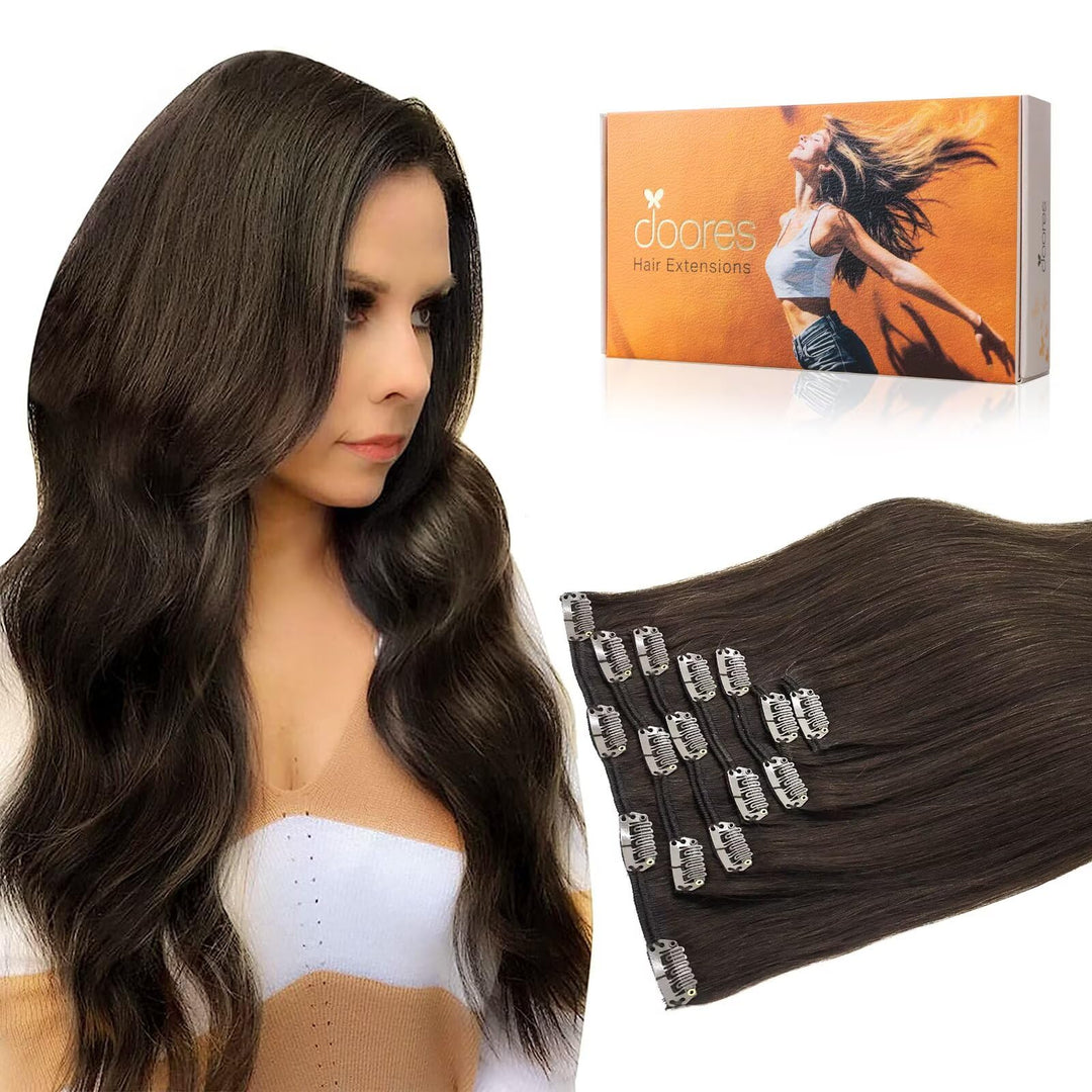Doores Clip In Hair Extensions Light Dark Brown 22 Inch 120G 7Pcs Remy Human Hair Extensions Clip In Straight Natural Hair Exten