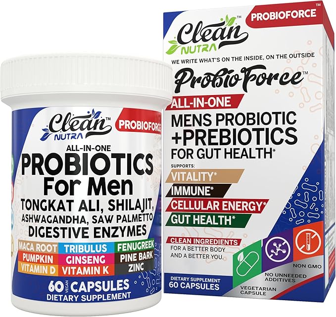 Clean Nutra Probiotics for Men | Tongkat Ali, Saw Palmetto, Tribulus, Ginseng, Ashwagandha, Maca, Pumpkin, Gingko Biloba, Pine Bark, Fenugreek, Shilajit, Zinc - Mens Probiotic 60 Capsules