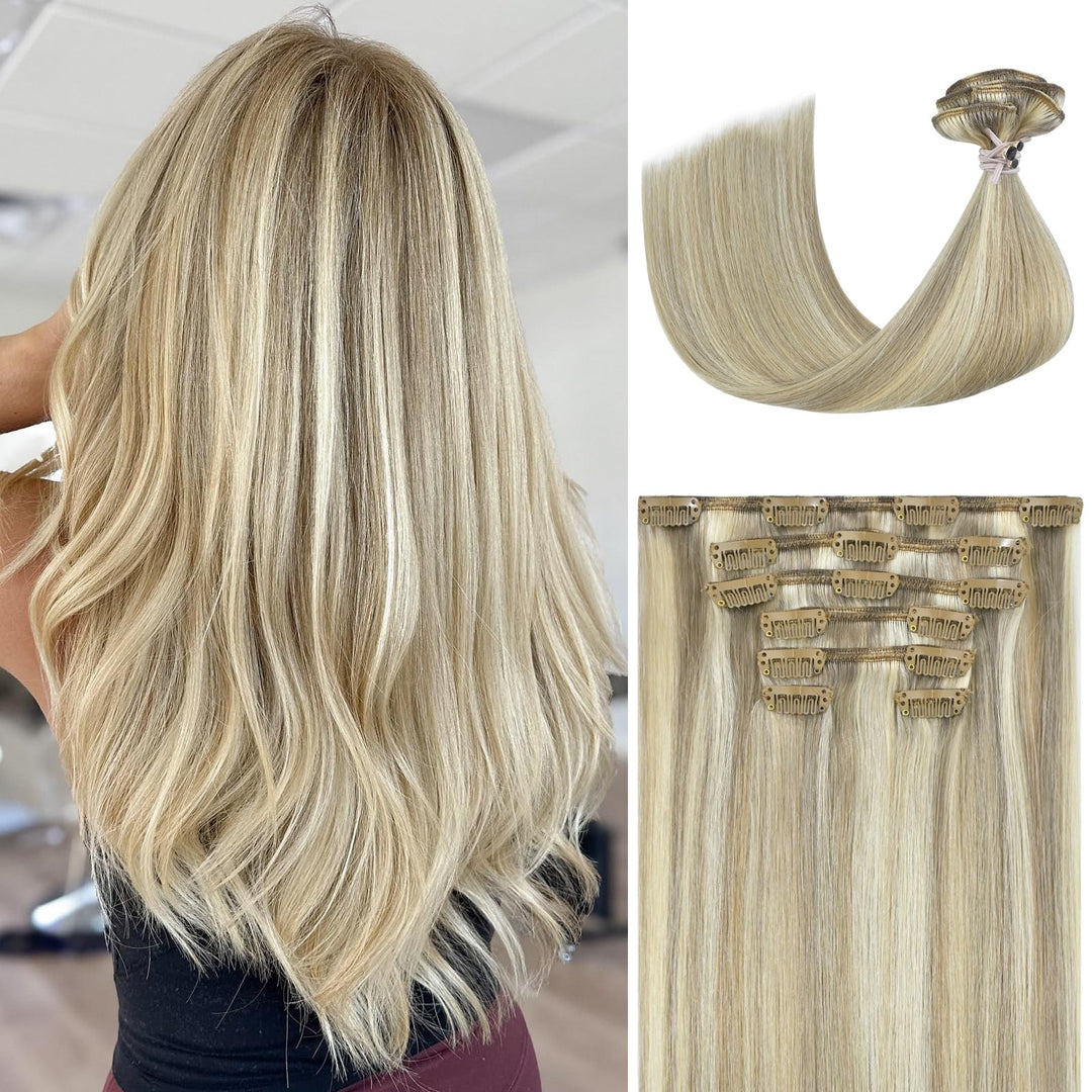 Ukira Blonde Clip in Hair Extensions, 15 Inch 70g 7pcs Ash Blonde Mixed Bleach Blonde Highlighted Hair Extensions, Ntural Straight Remy Human Hair Clip in Extensions for Women