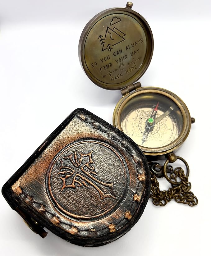 Antique Brass Compass with Detachable Chain & Carrying Case – Vintage Nautical Navigation Tool for Outdoor Hiking, Survival, and Travel – Gift for Collectors and Adventurers
