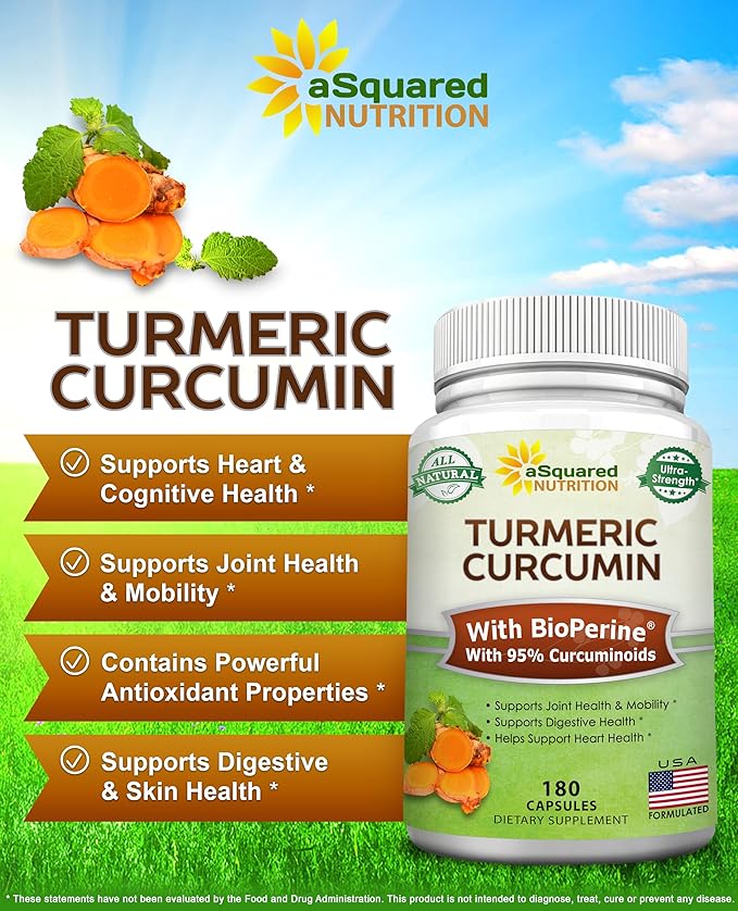 aSquared Nutrition Turmeric Curcumin 1300mg with BioPerine Black Pepper Extract - 180 Capsules - with 95% Curcuminoids, 100% Natural Tumeric Root Powder Supplements, Pure & Joint Stiffness Pills