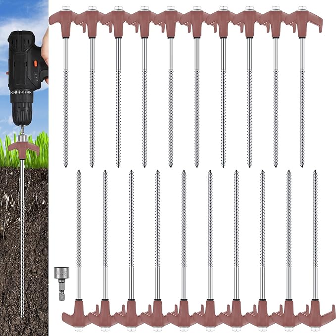 Hicarer 20 Pcs 8'' Screw in Tent Stakes Heavy Duty Ground Anchors Screw in Tent Pegs Ground Stakes Tent Spikes Metal Tent Spikes with Hex Head Driver for Camping Garden Canopies (Brown)