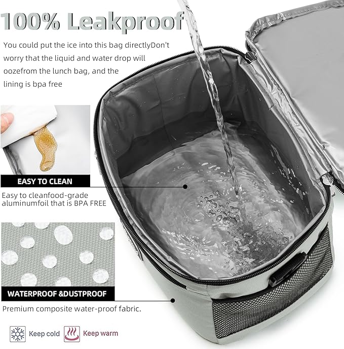 BEIMILY Lunch Bag for Women/Men,Reusable Lunch Box Small Cooler Bag Soft Sided,Leakproof Cooler Bag for Office Work Picnic Beach with Adjustable Shoulder Strap (light grey), 2311A