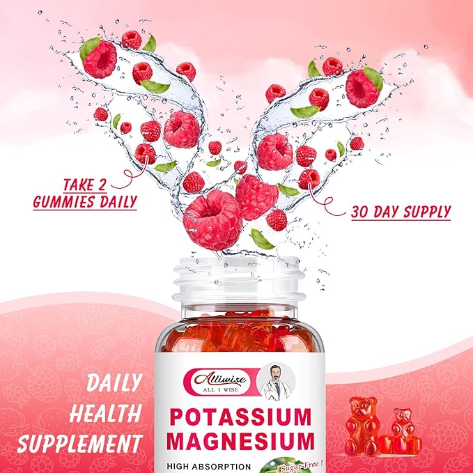 Potassium Magnesium Supplement Gummies with Potassium Citrate & Magnesium Glycinate for Bone & Muscle Relaxation,Mood & Energy Support.High Absorption Vitamin B6, D3, C.Raspberry Flavor