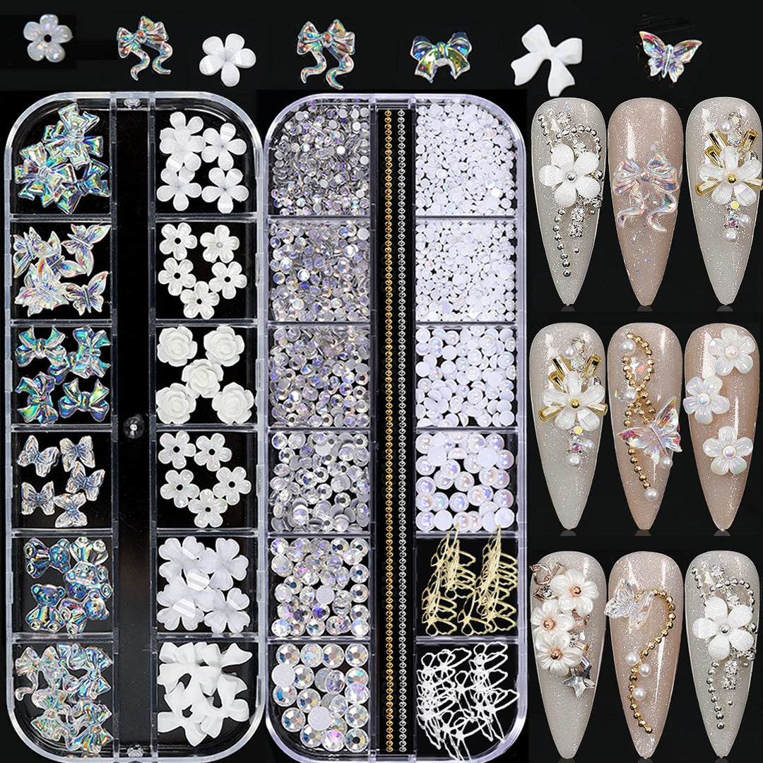 3D Acrylic Butterfly White Flowers Bear Cute Nail Charms Mixed Starry Ab Crystal Rhinestones Multi Sizes Gems Stones For Nail Ar