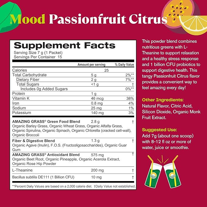 Amazing Grass Greens Blend Mood: Super Greens Powder Smoothie Mix for Mood, Relaxation & Stress Support with Organic Spirulina, Chlorella, Beet Root Powder, Digestive Enzymes & Probiotics, 15 Servings