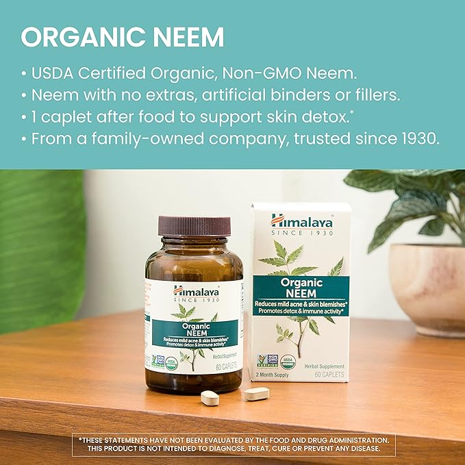 Himalaya Organic Neem Herbal Supplement, for Mild Acne & Clear Skin, Purifying, Ayurvedic, USDA Certified Organic, Non-GMO, Vegan, 600 mg, 60 Plant Based Caplets, 2 Pack