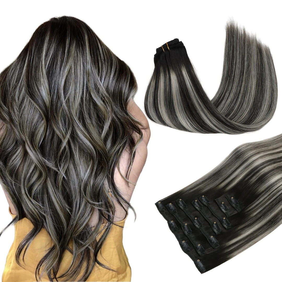 Maxita Hair Extensions Clip In Human Hair,120G 7Pcs Natural Black Mixed Silver 18 Inch,Clip In Hair Extensions Real Human Hair E