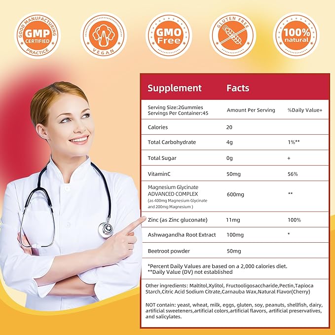 90 Count Magnesium Glycinate Gummies 400mg w/Ashwagandha Supplement - Sugar Free Zinc Magnesium Glycinate Supplement Ashwagandha Gummies for Adults Orange Gummies