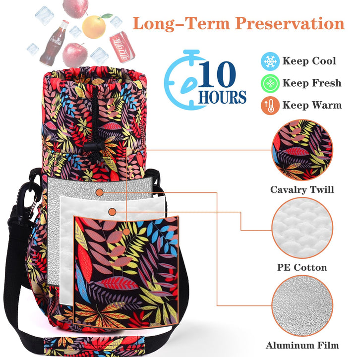 FCQQYWZ Water Bottle Holder with Strap, 32/40oz Water Bottle Bag Crossbody Insulation Water Bottle Holder with Adjustable Shoulder Strap, 4 Pockets for Walking,Camping,Hikingand Fishing (Leaf)