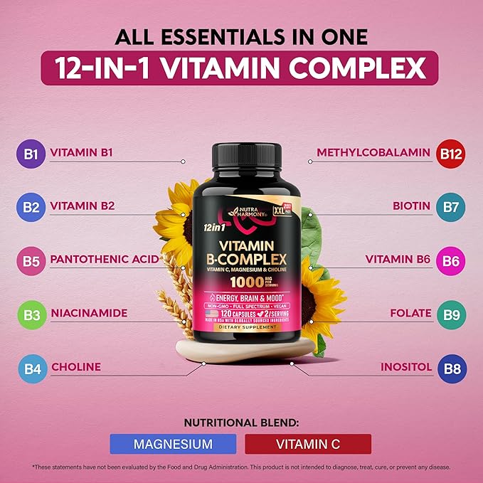 Vitamin B Complex for Men & Women - Made in USA - B-Complex: B1, B2, B3, B5, B6, B7, B8, B9, B12 with Vitamin C, Choline, Inositol - Energy, Brain & Heart Support Supplement, 120 Vegan Capsules